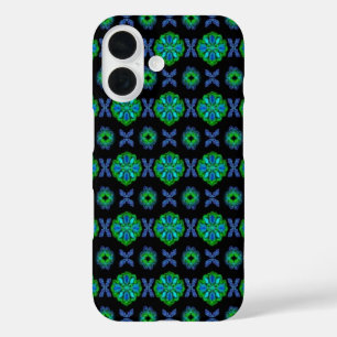 Tulips Artdeco in Retro style green blue black iPhone 16 Case