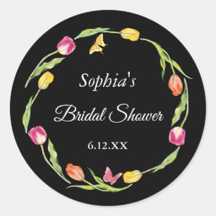 Tulips & Butterflies Black Bridal Shower  Classic Round Sticker
