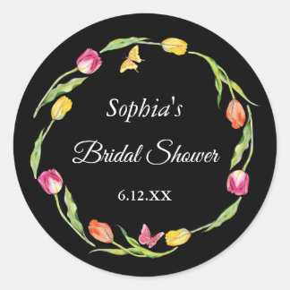 Tulips & Butterflies Black Bridal Shower Classic Round Sticker