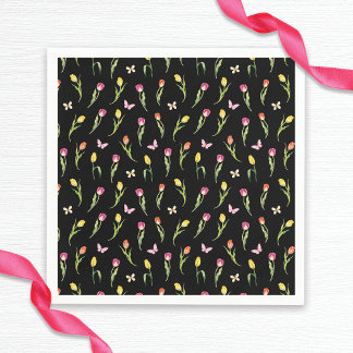 Tulips & Butterflies Black Pattern Bridal Shower Napkin