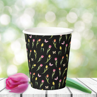 Tulips & Butterflies Black Pattern Paper Cups