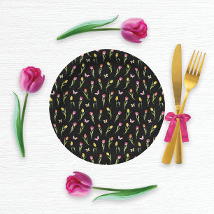 Tulips & Butterflies Black Pattern  Paper Plate