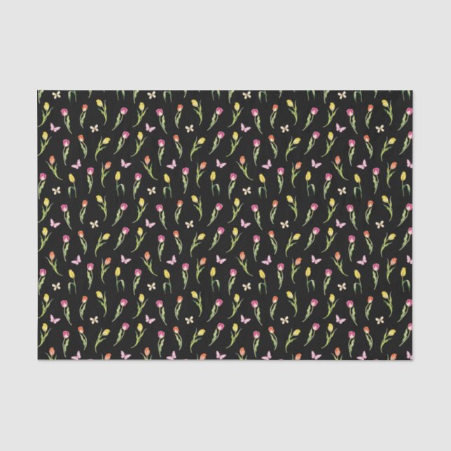 Tulips & Butterflies Black Pattern  Tissue Paper (Front)