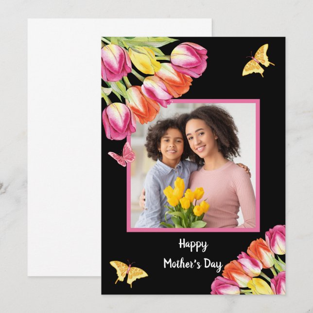 Tulips & Butterflies Black Photo Mother’s Day  Card (Front/Back)