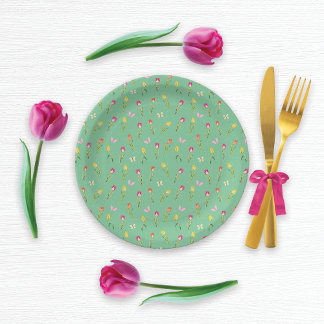 Tulips & Butterflies Green Pattern  Paper Plate