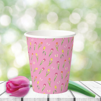 Tulips & Butterflies Pink Pattern  Paper Cups