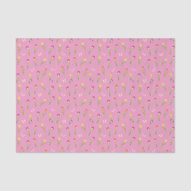 Tulips & Butterflies Pink Pattern  Tissue Paper (Front)