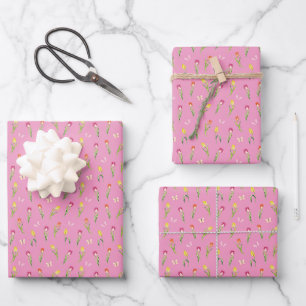 Tulips & Butterflies Pink Pattern Wrapping Paper Sheet