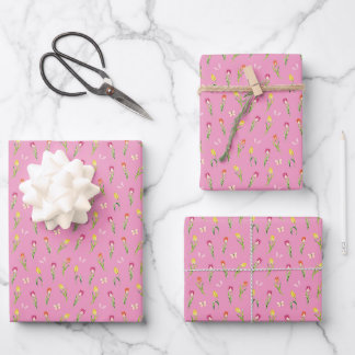 Tulips & Butterflies Pink Pattern Wrapping Paper Sheet
