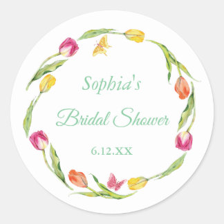 Tulips & Butterflies White Bridal Shower Classic Round Sticker