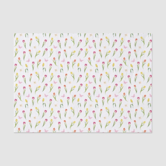 Tulips & Butterflies White Pattern  Tissue Paper (Front)