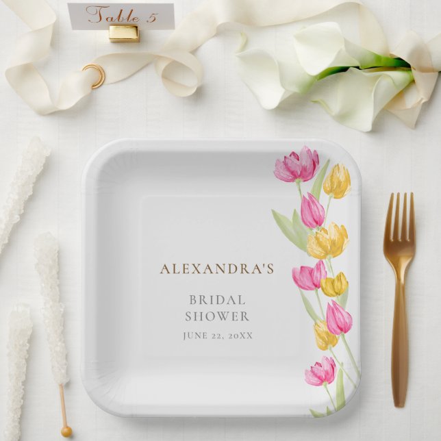 Tulips Calligraphy Pink Spring Boho Bridal Shower Paper Plate (Wedding)