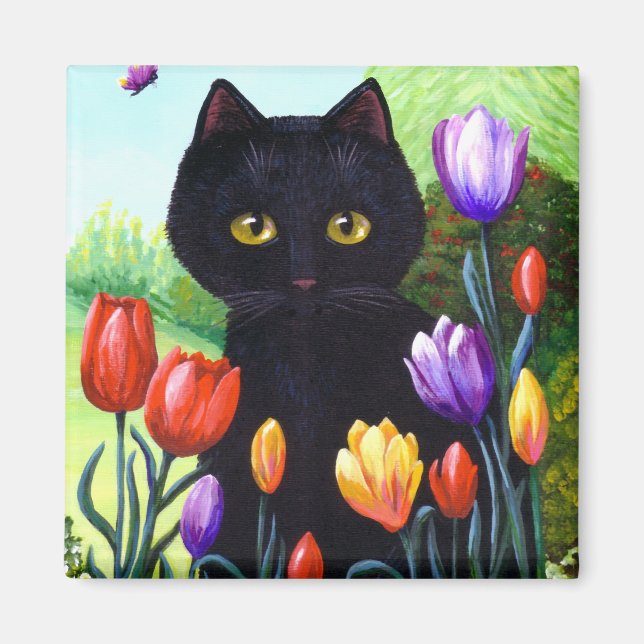 Tulips Cute Black Cat Butterfly Creationarts Magnet (Front)