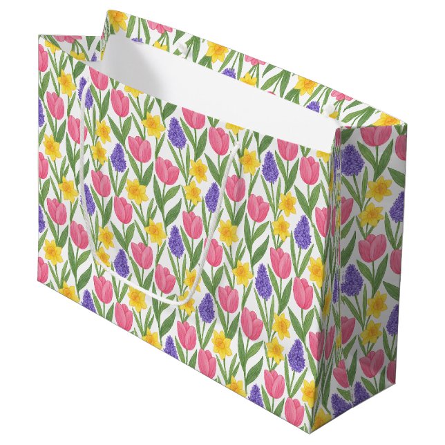 Tulips, Daffodils, Hyacinths Coloring Style Large Gift Bag (Front Angled)