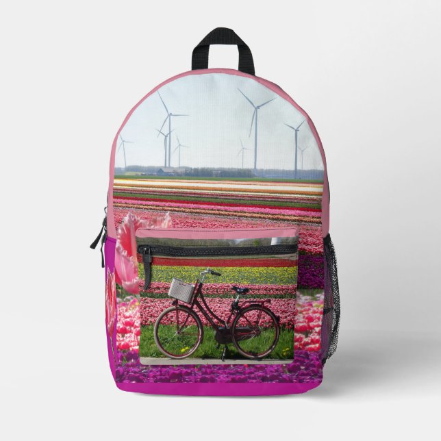 Tulips Field & Bicycle All over Printed Backpack (Front)