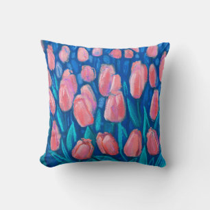 Tulips Field, Spring Flowers Floral Art Red Blue Throw Pillow
