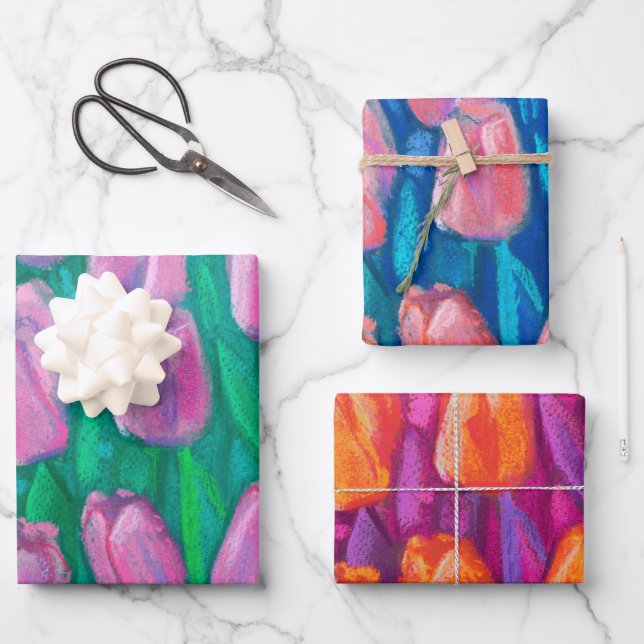 Tulips Field Spring Flowers Floral Pink Red Orange Wrapping Paper Sheet (Front)