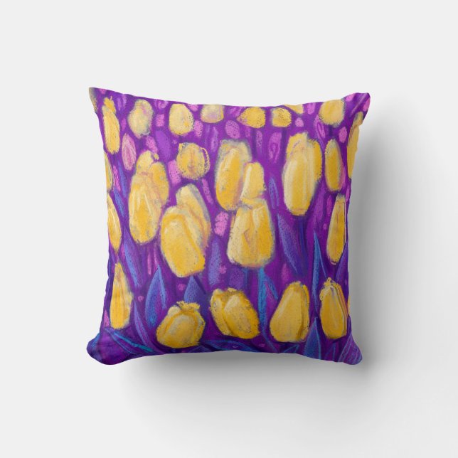 Tulips Field, Spring Flowers Floral Yellow Violet Throw Pillow (Front)