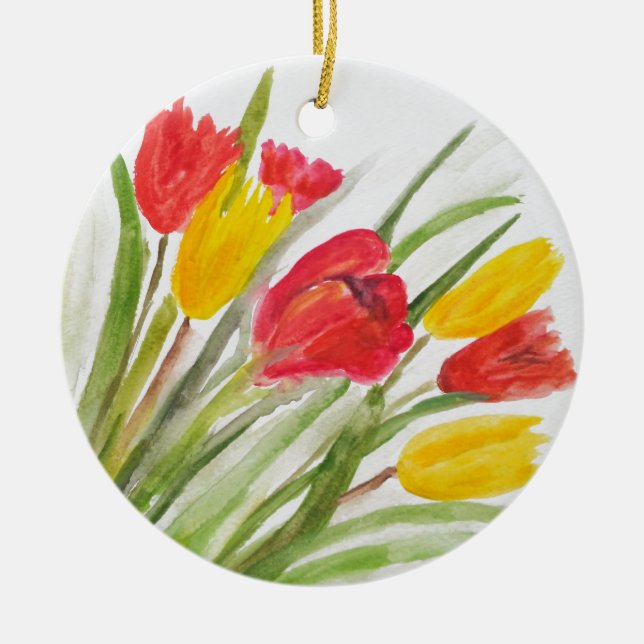 Tulips floral red yellow watercolor nature pretty ceramic ornament (Front)