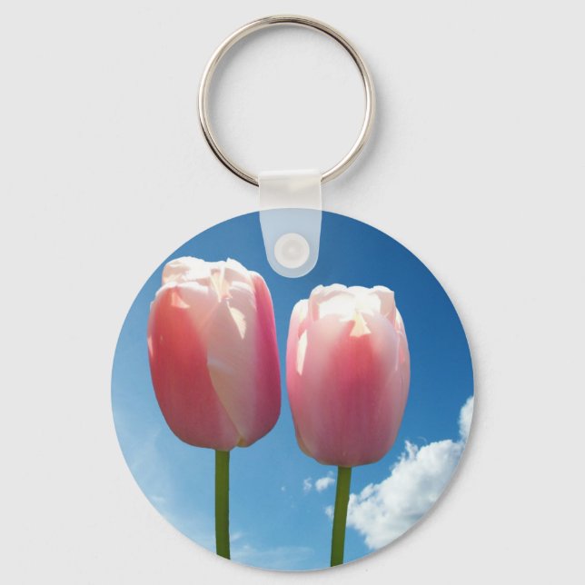Tulips flowers in blue sky keychain (Front)