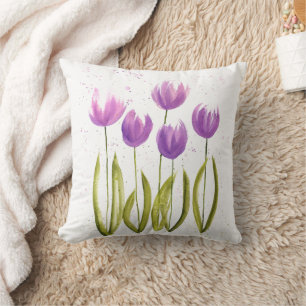 Tulips flowers watercolor purple elegant girly throw pillow