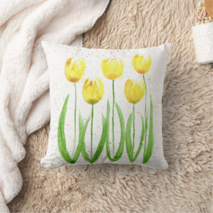 Tulips flowers watercolor yellow elegant girly throw pillow