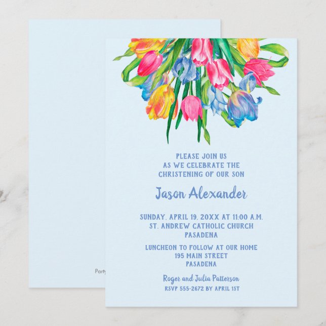 Tulips Garçon Christening Baptême Invitations (Devant / Derrière)
