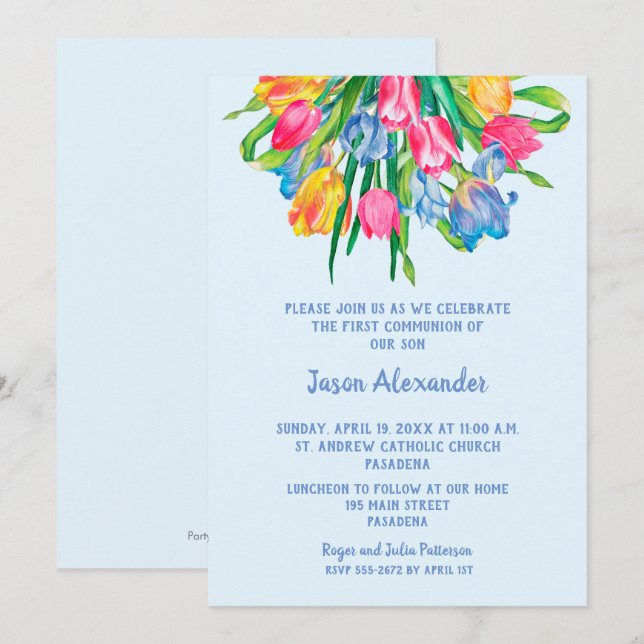 Tulips Garçon première communion Invitations (Devant / Derrière)