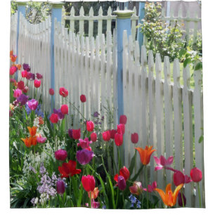 Tulips garden white picket fence shower curtain