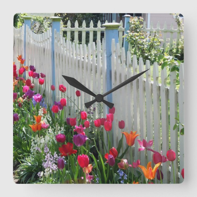 tulips garden white picket fence square clock (Front)