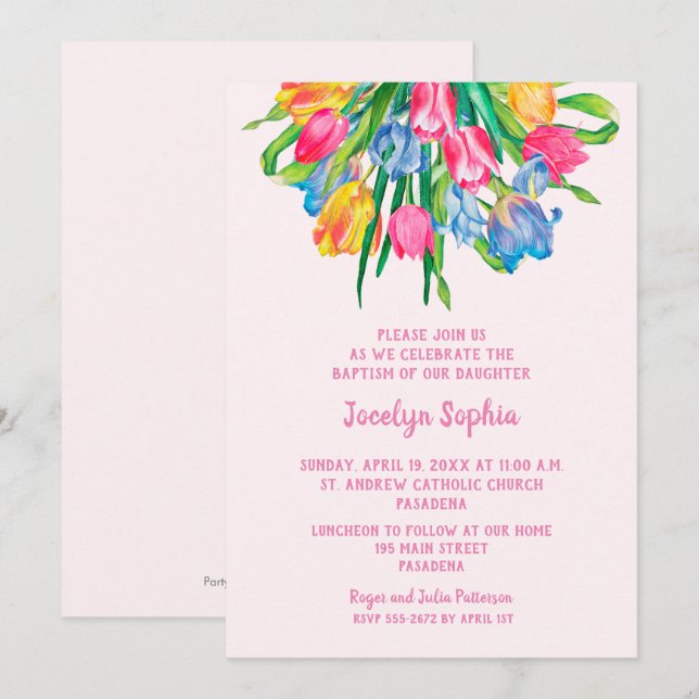 Tulips Girl Baptism Christening Invitations (Front/Back)