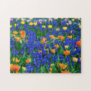 Tulips Grape Hyacinth Flower Field Colourful Jigsaw Puzzle