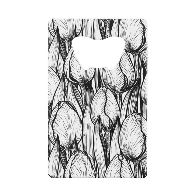 Tulips in black and white credit card bottle opener (Front)