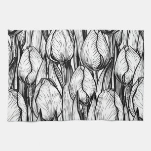 Tulips in black and white kitchen towel