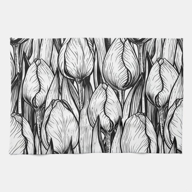 Tulips in black and white kitchen towel (Horizontal)