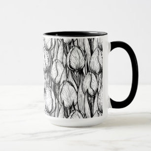 Tulips in black and white mug