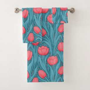 Tulips in blue and red bath towel set