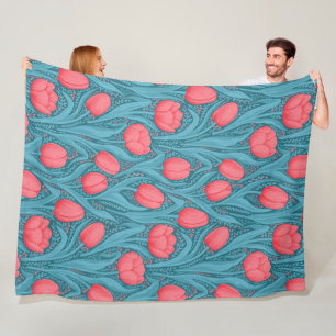 Tulips in blue and red fleece blanket