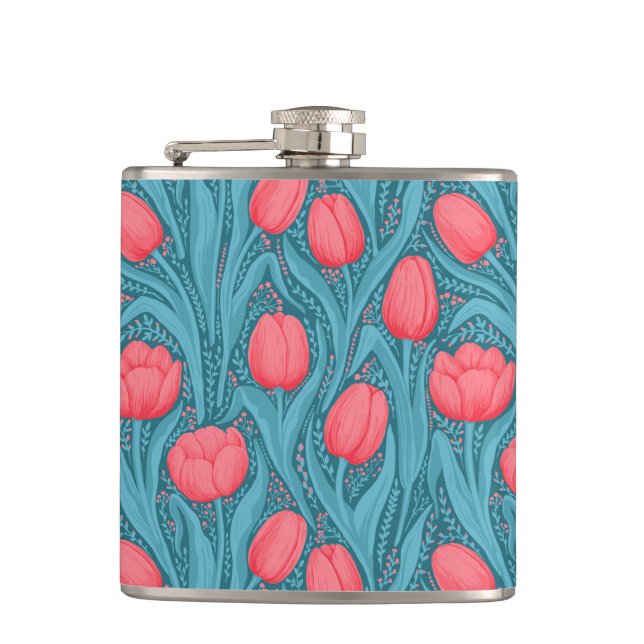 Tulips in blue and red hip flask (Front)