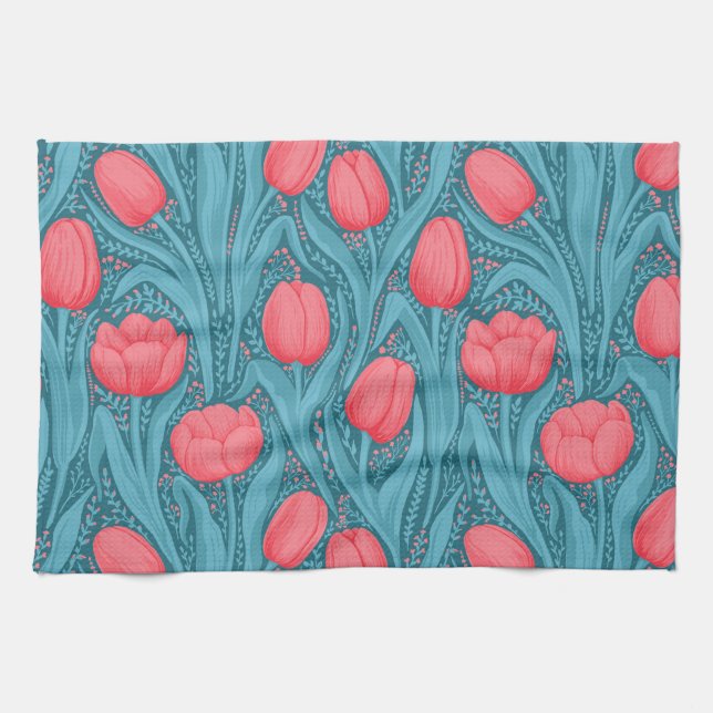 Tulips in blue and red kitchen towel (Horizontal)