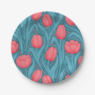 Tulips in blue and red paper plate