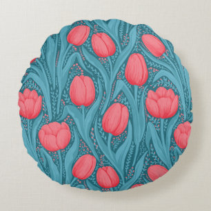 Tulips in blue and red round pillow