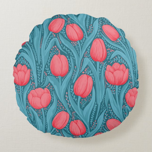 Tulips in blue and red round pillow (Front)