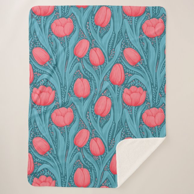 Tulips in blue and red sherpa blanket (Front)
