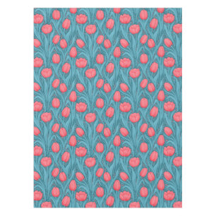 Tulips in blue and red tablecloth