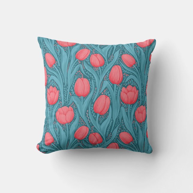 Tulips in blue and red throw pillow (Front)