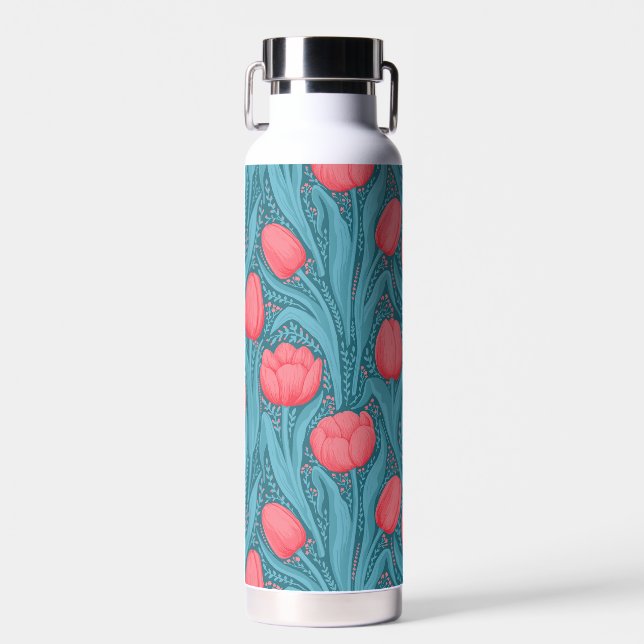 Tulips in blue and red water bottle (Front)