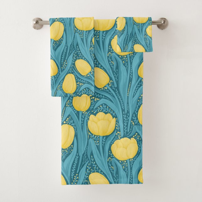 Tulips in blue and yellow bath towel set (Insitu)