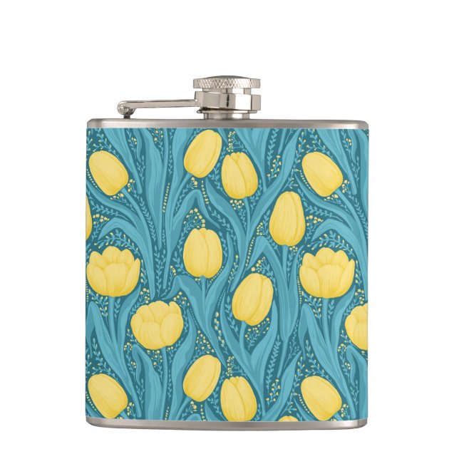 Tulips in blue and yellow hip flask (Front)