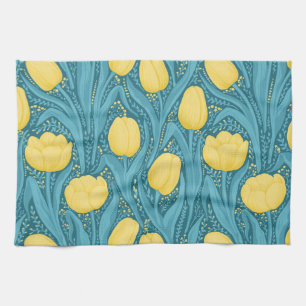 Tulips in blue and yellow kitchen towel